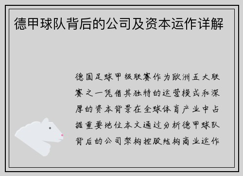 德甲球队背后的公司及资本运作详解