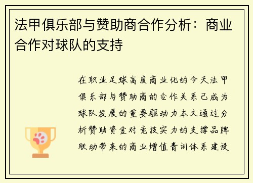 法甲俱乐部与赞助商合作分析：商业合作对球队的支持